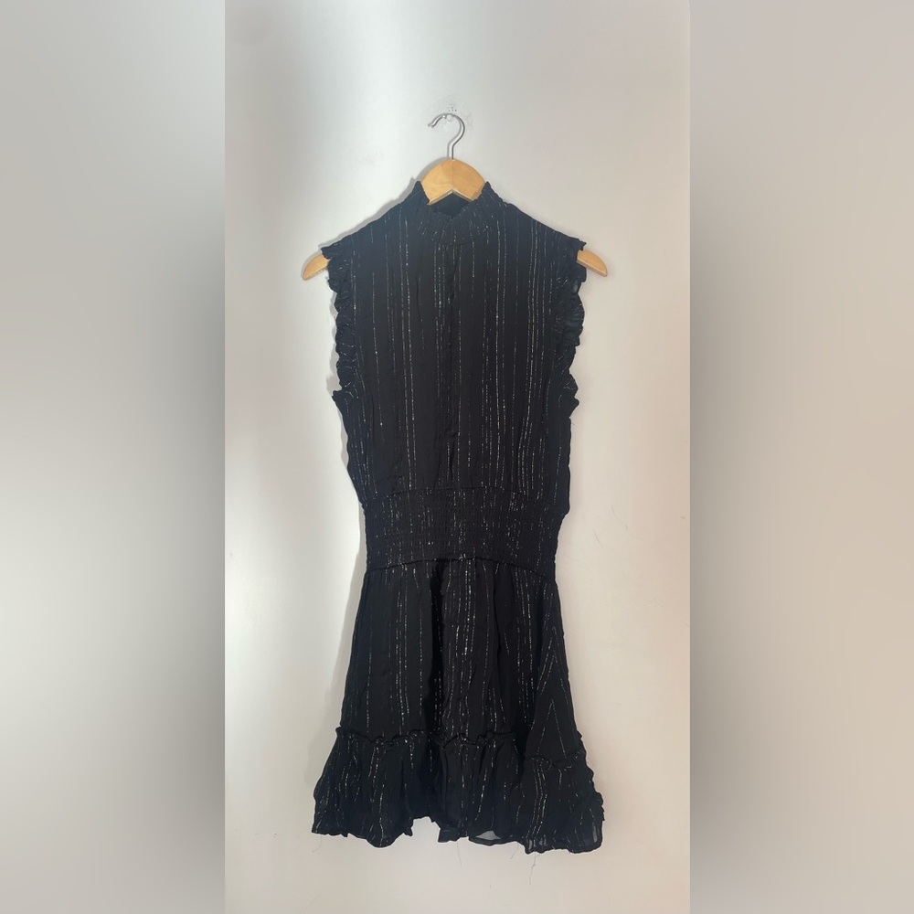 Elan Black Metallic Stripe Ruffle Mini Dress Smocked Waist Size M - Picture 6 of 8